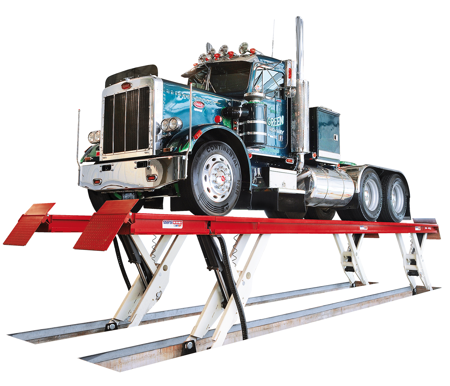 A semi truck on a Stertil-Koni SKYLIFT heavy-duty lift