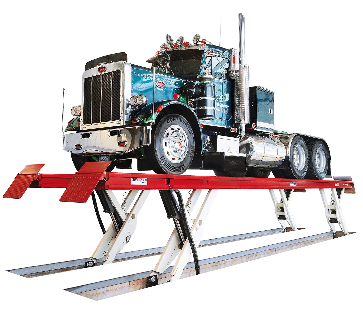 A semi truck on a Stertil-Koni SKYLIFT heavy-duty lift